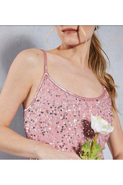 NO BRAND Rochie maxi roz cu bretele, decolteu rotund, paiete, Oasis 36