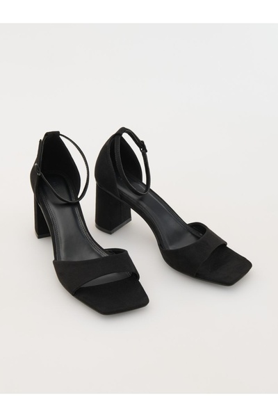 NO BRAND Sandale negre cu toc, cu baretă elegantă cu cataramă, din piele înto...