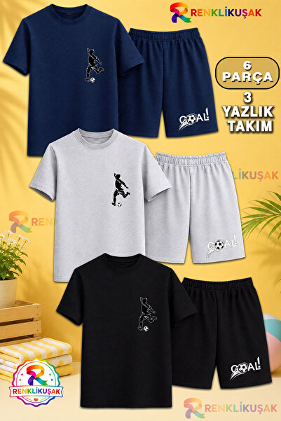 RENKLİKUŞAK Çocuk 3LU Takım Tişört - Şort Sıyah Futbolcu Sol Ust Logo Baskılı...