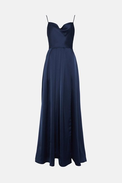 NO BRAND Rochie maxi din satin bleumarin cu bretele și șliț, mărimea 40