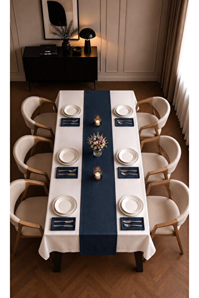 Dokuar Velvet Textured Premium Plain Polyester Table Cloth Runner 6-Piece Fabric Napkin Dining Table Set