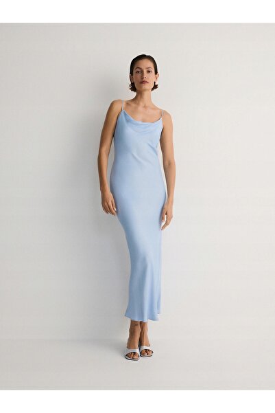 NO BRAND Rochie maxi albastră din satin de viscoză cu bretele, mărime XS.