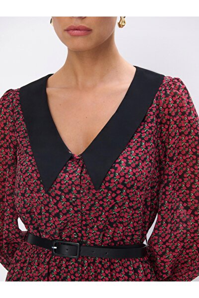 NO BRAND Rochie mini neagră cu trandafiri roșii, mânecă lungă, decolteu în V,...