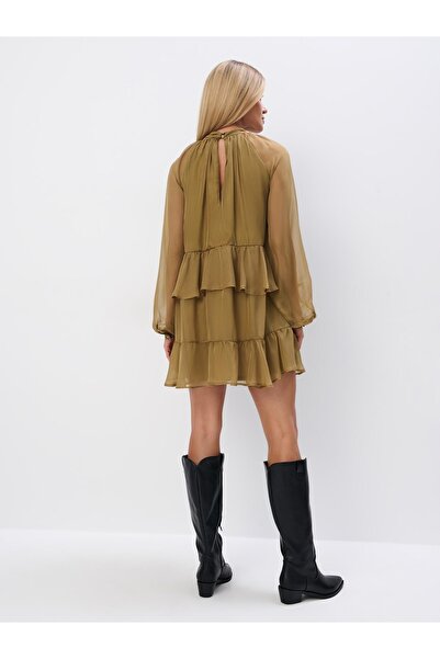 NO BRAND Rochie verde kaki supradimensionată mini cu volane, mâneci lungi, gu...