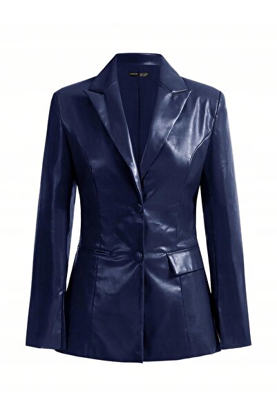 NO BRAND Blazer elegant, neted, albastru marin, cu nasturi din piele ecologic...
