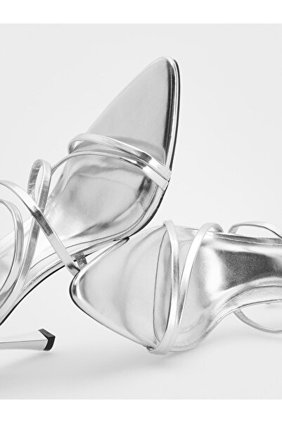 NO BRAND Sandale metalice clasice argintii cu toc stiletto, cu barete și înch...