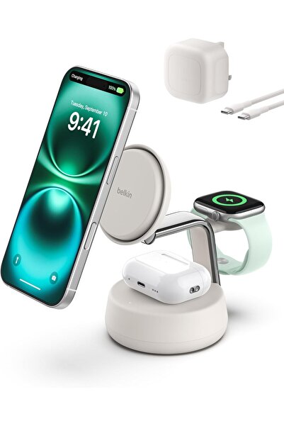 Belkin محطة شحن لاسلكية UltraCharge Pro بقوة 25 واط، شاحن 3 في 1 معتمد Qi2.2 ...