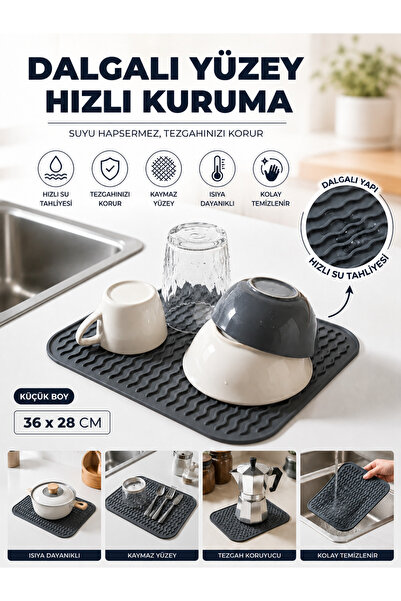Mode Cool Silikon Bulaşık Kurutma Matı 36x28 cm | Dalgalı Yüzey Kaymaz Tezgah...