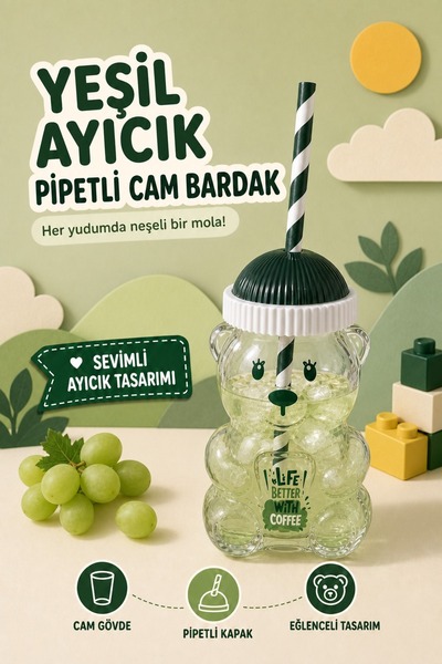 Ezupack Cam Bardak Ayıcıklı Soğuk Frozen Detox Latte İçecek Bardağı Pipetli 5...