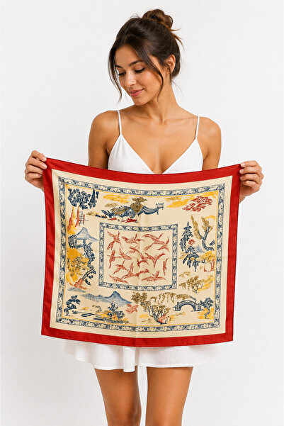 THE VOLER Etnik Desenli Kırmızı Kenarlıklı Saten Bandana Fular 50x50 cm