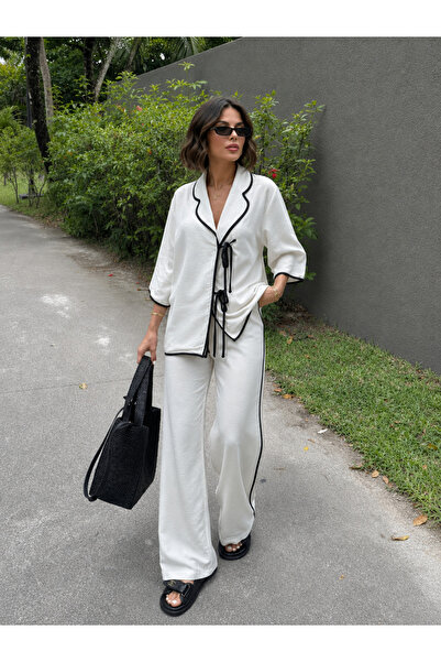 My Blog Natural - Black Piping Viscose Blouse and Trousers Set - 2Y9001