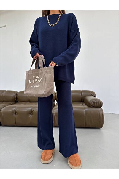 Flarsky Women's Crew Neck Oversize Sweater-Pants Knitwear Women's Bottom-Top Set