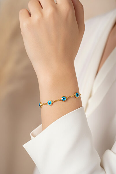 Jack Ferrero Stylish Evil Eye Beaded Yellow Tone Chain Bracelet for Women