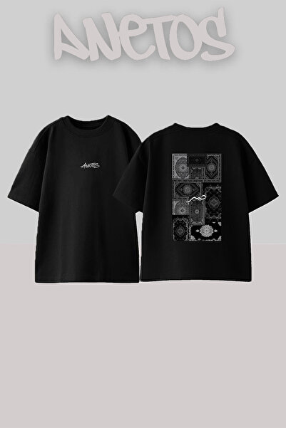Anetos Sabr Oriental Carpet Design Back Printed Cotton Black Oversize T-Shirt