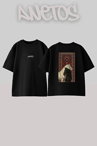 Anetos White Black Horses Design Back Printed Cotton Black Oversize T-Shirt
