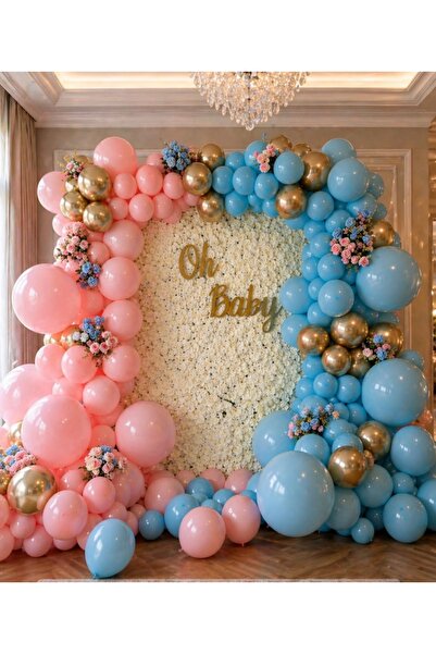 Çemrek Süs Parti Gold Chrome Detailed Macaron Pink Blue Balloon Chain Set of 100