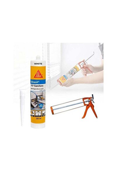 Sika 117 Silicone Sealant White with Silicone Gun Anti-fungal acetoxy silicon...