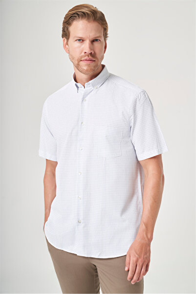 İmza White-Blue Buttoned Collar Short Sleeve Pocket Comfort Fit Cotton Shirt ...