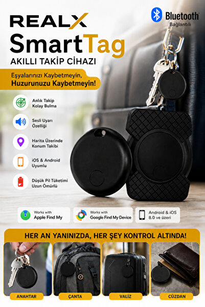 Realx Akıllı Takip Cihazı iOS&Android Uyumlu Konum Bulucu Araç , Çoçuk , Evci...