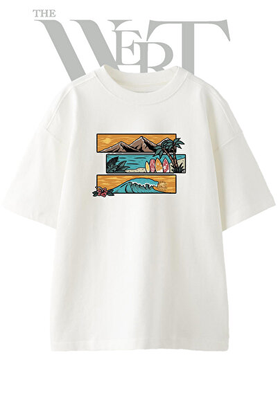 THEWERT T-shirt sa tropskim surf dizajnom, unisex, bela, velika veličina