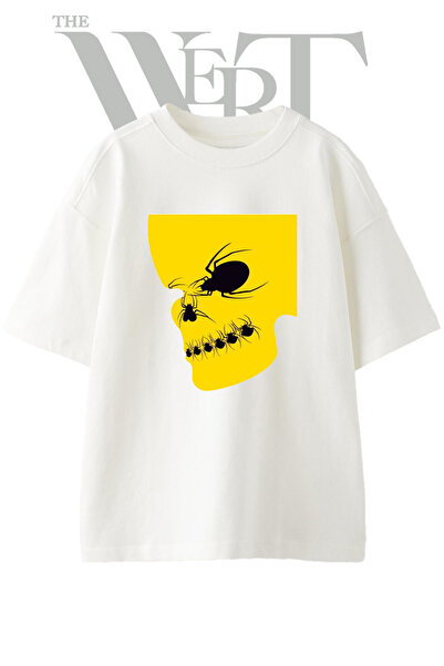 THEWERT Tricou oversize alb unisex cu imprimeu Skull Spider Design