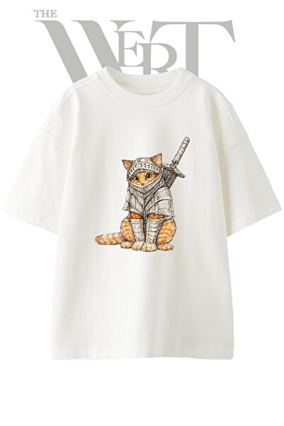 THEWERT تي شيرت أبيض كبير الحجم مطبوع بتصميم Knight Cat_1 للجنسين