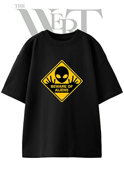 THEWERT Μπλουζάκι Unisex Μαύρο Oversize με τυπωμένο σχέδιο Alien Warning