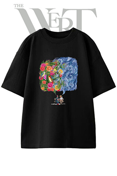 THEWERT Frida Kahlo Van Gogh dizajn, unisex crna oversize majica sa printom
