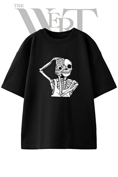 THEWERT Tricou oversize negru unisex cu imprimeu cu design Skeleton Camera