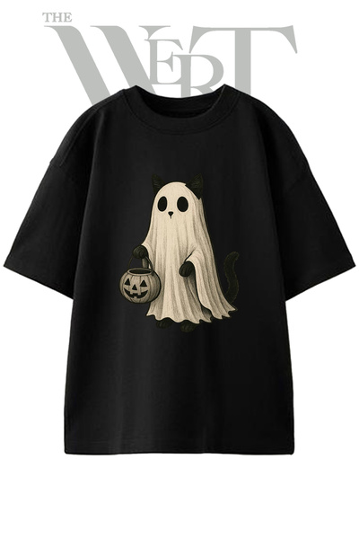 THEWERT Μπλουζάκι Ghost Cat Design με στάμπα Unisex σε μαύρο χρώμα oversize