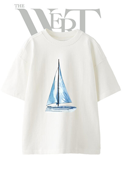 THEWERT Watercolor Sailboat Design Printed Unisex White Oversize T-Shirt