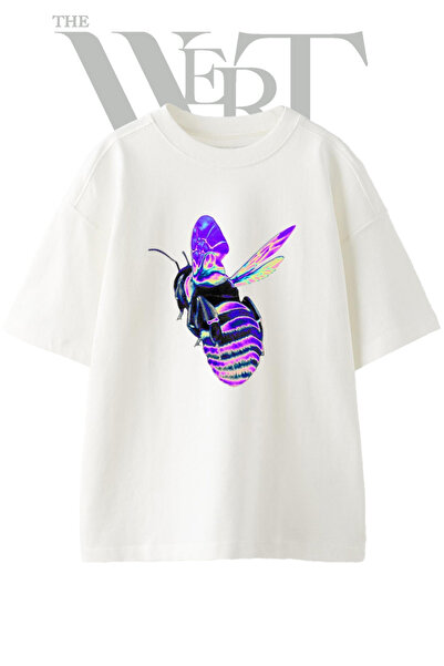 THEWERT Iridescent Bee Design Printed Unisex White Oversize T-Shirt