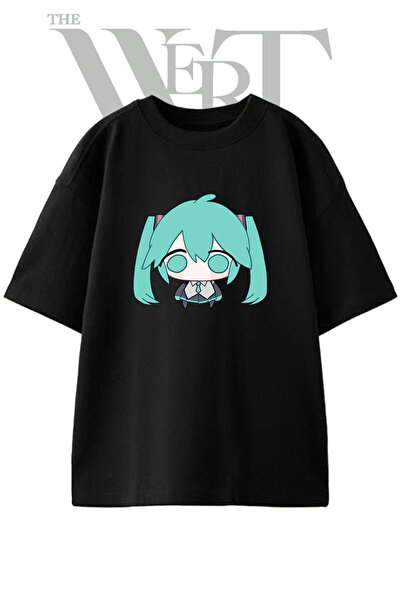 THEWERT Hatsune Miku_10 Μπλουζάκι με στάμπα σχεδίου, Unisex, Μαύρο, Oversize