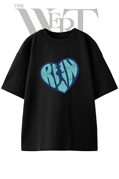 THEWERT Run Runner Heart Design Printed Unisex Black Oversize T-Shirt
