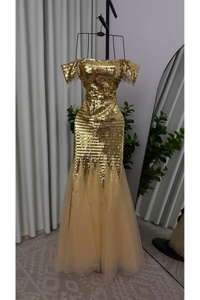 FASHION فستان سهرة ذهبي براق مطرز بالترتر الكامل مع أكمام أوف شولدر بشرابات و...