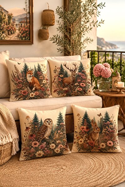 EVPANYA Set de 4 huse de pernă cu model Animale din pădure