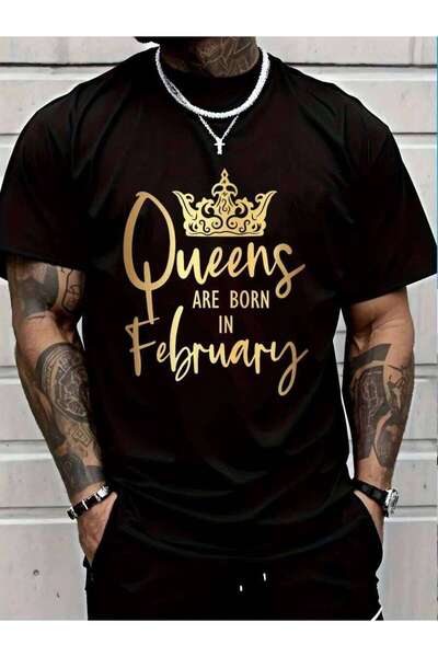 9TAY تي شيرت مضحك مطبوع عليه عبارة "Queen Are Born In February" مصنوع من القط...