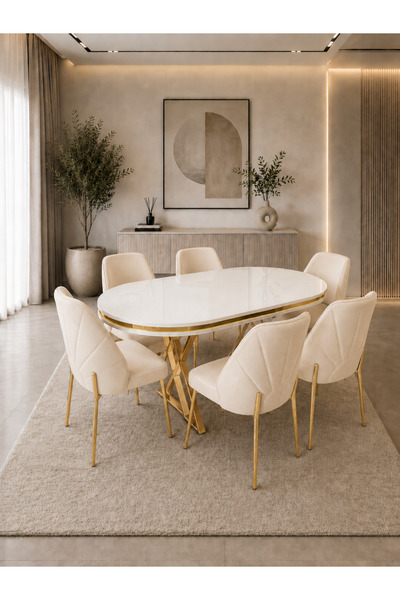 Concept Ayz Home Verona Gold Serisi 6 Kişilik Krem Kumaş 90*168 Beyaz Lake Pa...