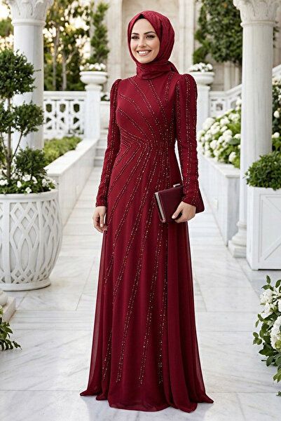 N.S NEVA STYLE Taş İşlemeli Drapeli Bordo Tesettür Abiye Elbise 56062BR