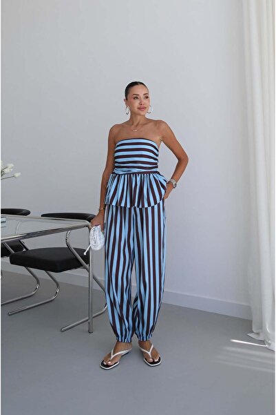 Havoş Mavi Meis Strapless Blouse Pants Set