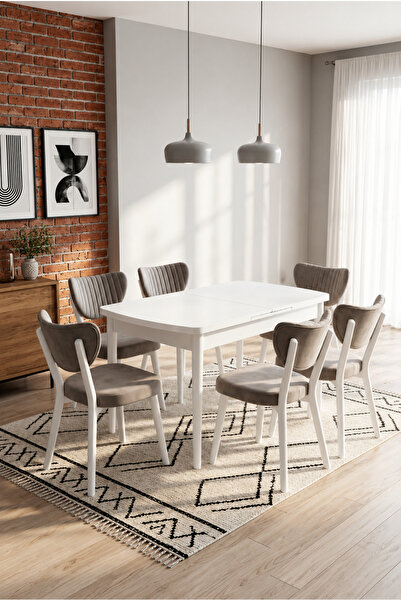 Concept Ayz Home Valoria Serisi 6 Kişilik 80x130 cm Beyaz MDF Krem Kumaş Beya...