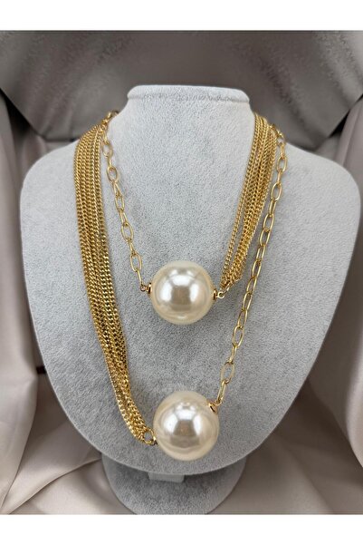ZS Aksesuar Women's Gold Color Multi-Layered Chain Big Pearl Detailed Stateme...