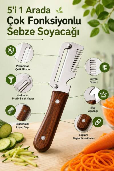AKDAG HOME 5 i 1 Yerde Çok Fonksiyonlu Sebze Soyacağı Kesme, Soyma, Açma, Rendeleme, Dilimleme Dahil Paslanmaz Çelik