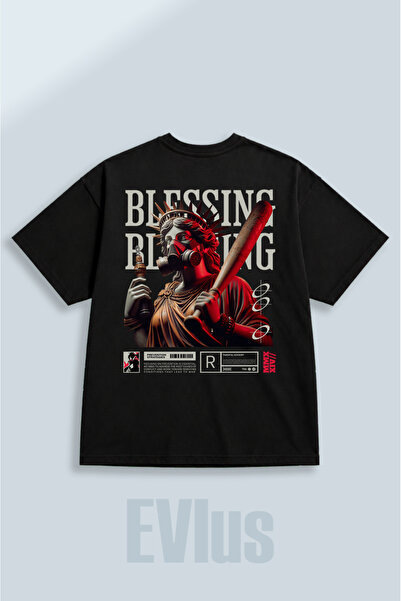 EVIus Oversize Blessing Printed 100% βαμβακερό μπλουζάκι με λαιμόκοψη και φαρ...
