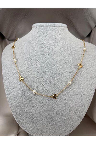 ZS Aksesuar Women's Silver Color Pearl and Heart Detailed Elegant Chain Neckl...
