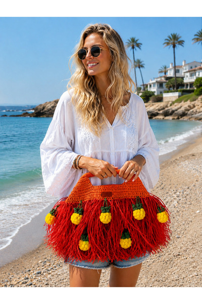 edirneörgü Velora Large Size Pineapple Figured Hand Knitted Paper String Tassel Summer Beach Bag