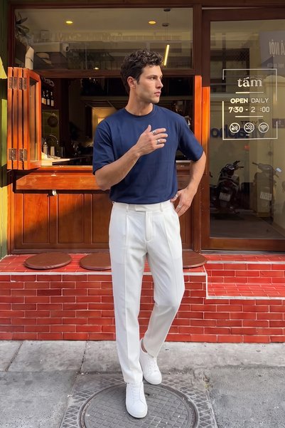 Livio Ferri Tricou pentru bărbați Bari Premium, 100% bumbac, oversize, basic, cu decolteu rotund, bleumarin