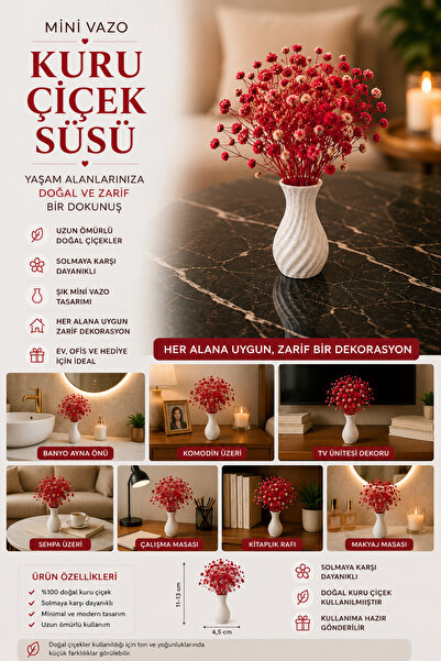 TEMUNGUR 3'lü Mini Vazo Kuru Şoklanmış Çiçek Seti | Dekoratif Masa Üstü ve Ev...