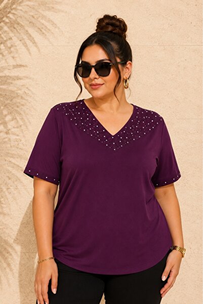 FOR ESRA BIG TREND Women's Black Plus Size Crystal Stone Pearl Detailed V-Nec...
