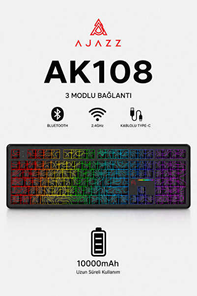 Ajazz AK108 10.000 mAh 3 Modlu Kablosuz Mekanik Oyuncu Klavyesi | Hot Swap RGB